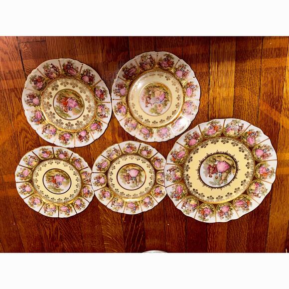MIDCENTURY FRAGONARD LOVE STORY ALT WIEN STAMPED 5 PIECE PLATE SET 1945-1952 - Picture 9 of 13